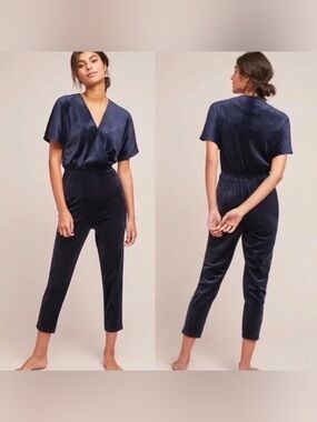 Anthropologie Saturday Sunday Velvet Cross Front Jumpsuit Navy Blue Large